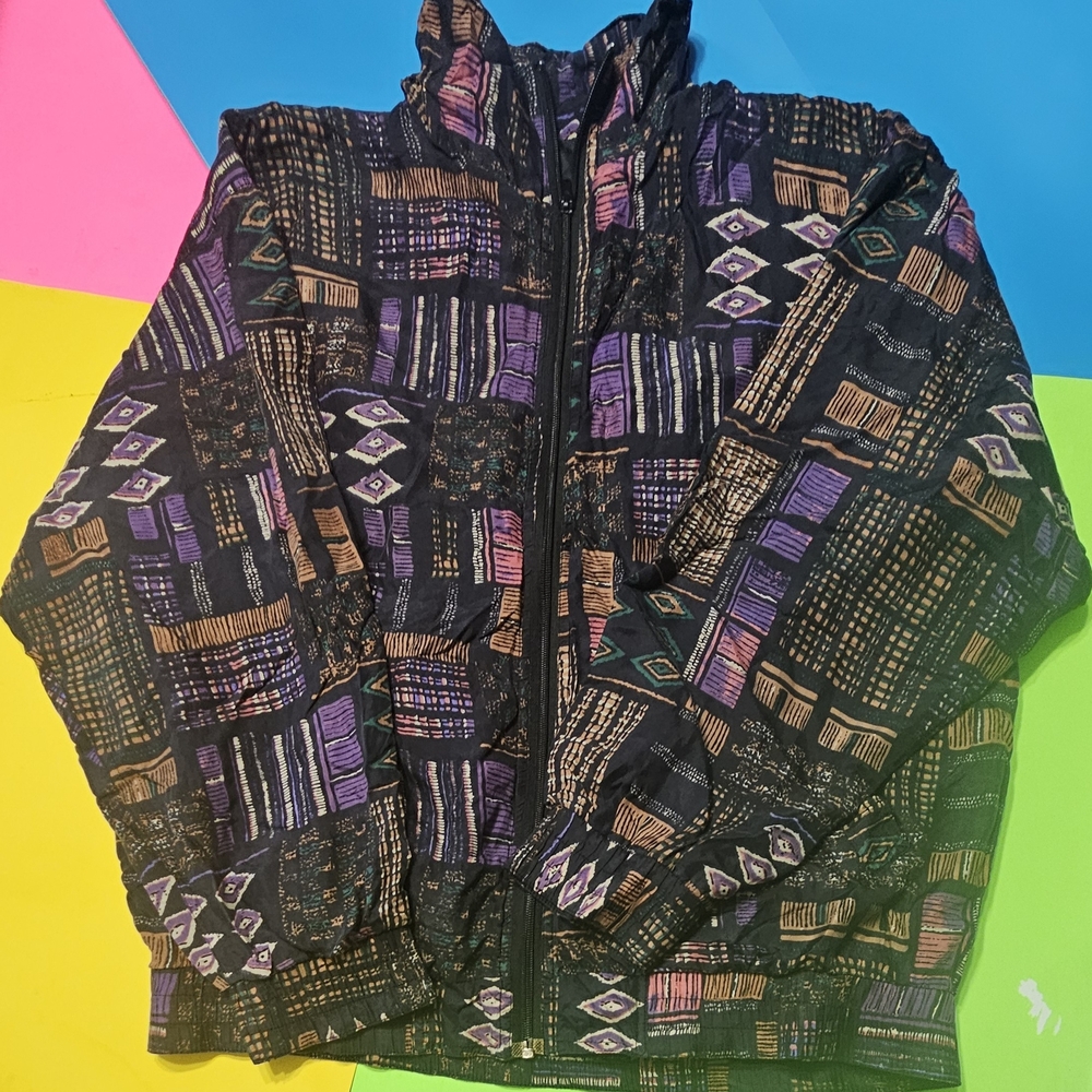Vintage 100% SILK ROAD Bomber Jacket Black/Multi Geo Print Zip Sz MED PreOwnd